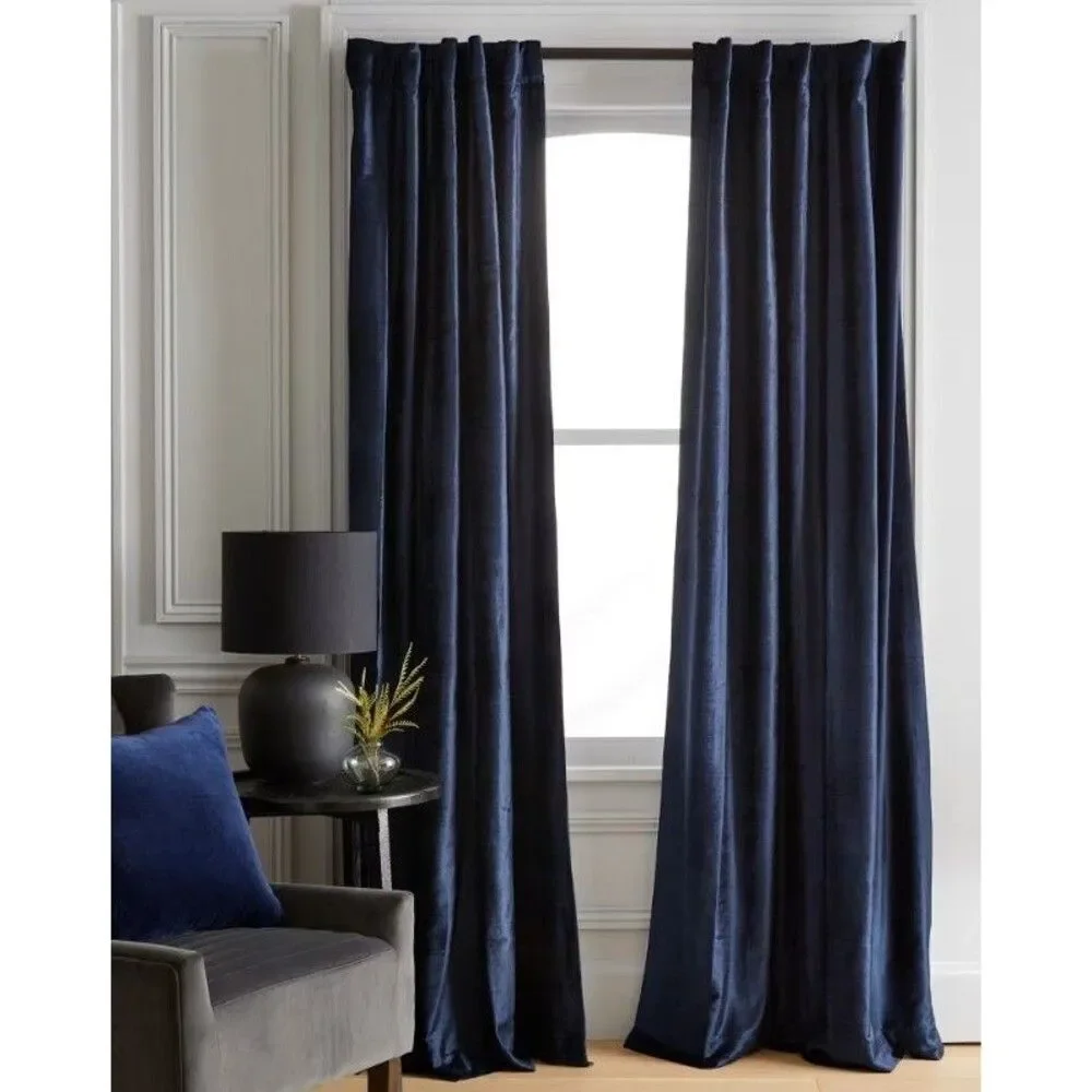 NEW Quince Navy Luster Velvet Room Darkening Curtain Panel 48